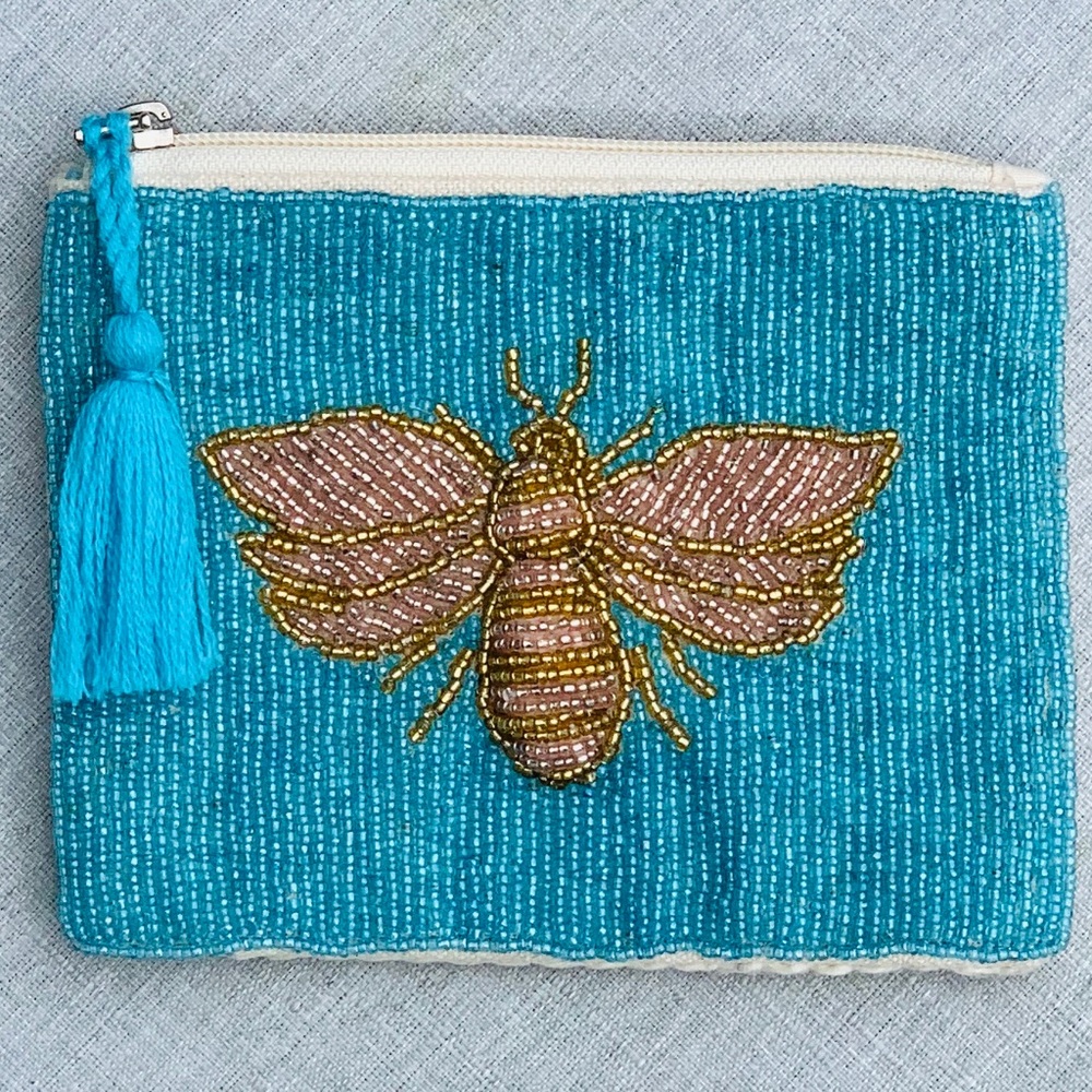 NWOT Beaded Blue and Gold/ Silver coinpurse/ cosmetic bag